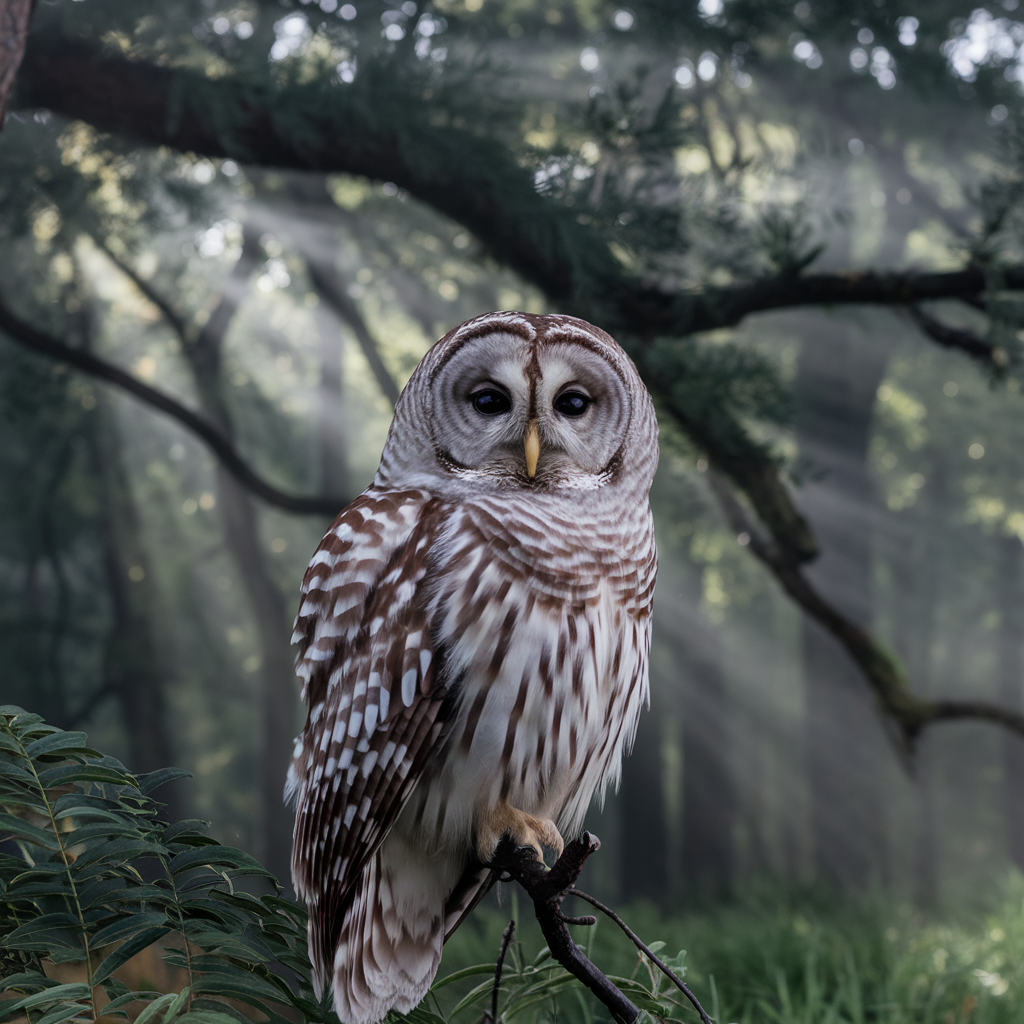 A close-up photo of a Barred Owl perched on a tree branch in a dense Arkansas forest