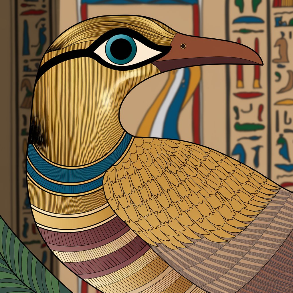 An illustration of an Egyptian whoop bird with the eye of Horus.