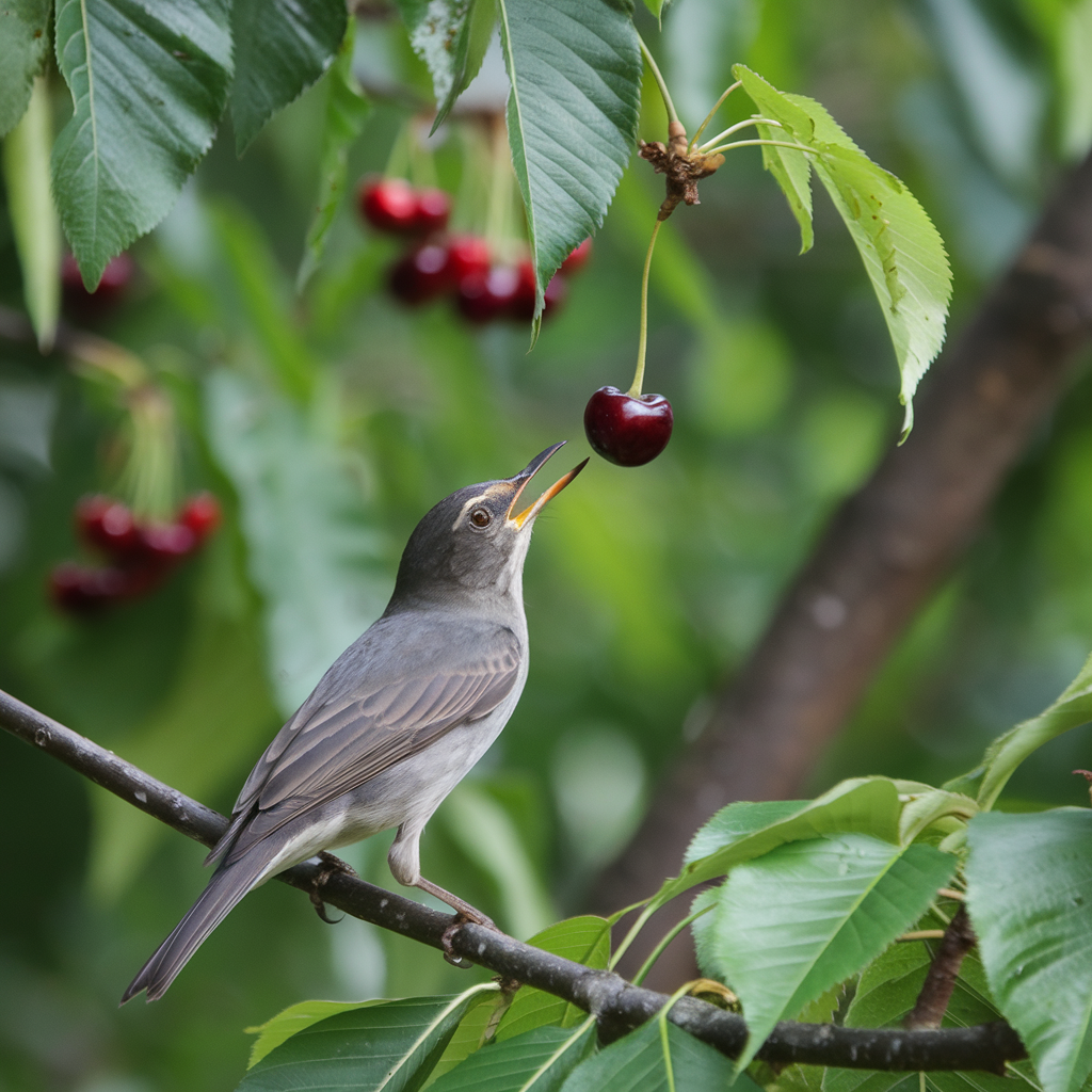 A photo of a bird perched on a branch, reaching its beak towards a cherry