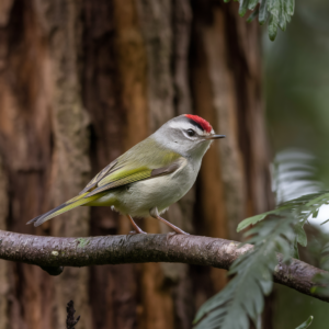 A photo of a Ruby-crowned Kinglet perched on a branch. 