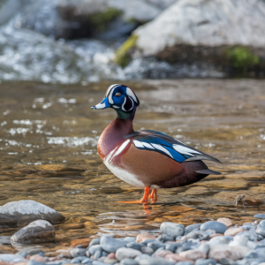 A photo of a Harlequin Duck (Histrionicus histrionicus) in its natural habitat. The duck is standing in a rocky shoreline.