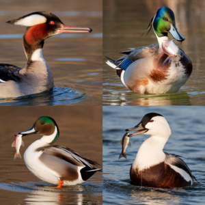 A collage of images showcasing different duck species known to eat fish, such as the merganser, pintail, and eider, with labels for each.