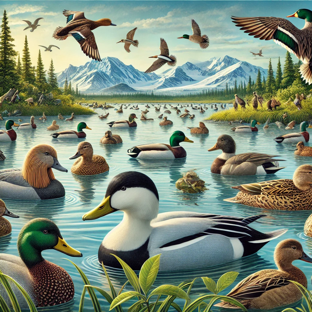 duck species in Alaska’s natural habitat, including the King Eider, Mallard, and Green-winged Teal.