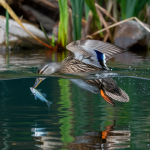 A dynamic image of a duck diving underwater to catch a fish, showcasing its hunting technique and agility. 