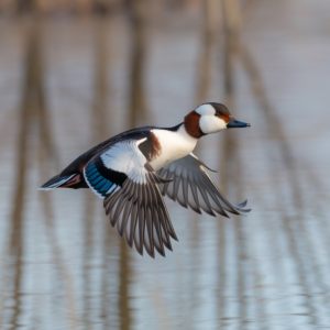 A photo of a Bufflehead (Bucephala albeola) duck in flight.