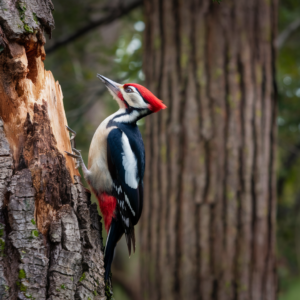 A medium shot of a Pileated Woodpecker with a red crest, black and white body, and a long beak.