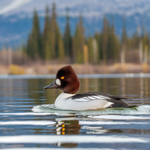 A medium shot of a Barrow's Goldeneye (Bucephala islandica) duck swimming in a freshwater lake. 